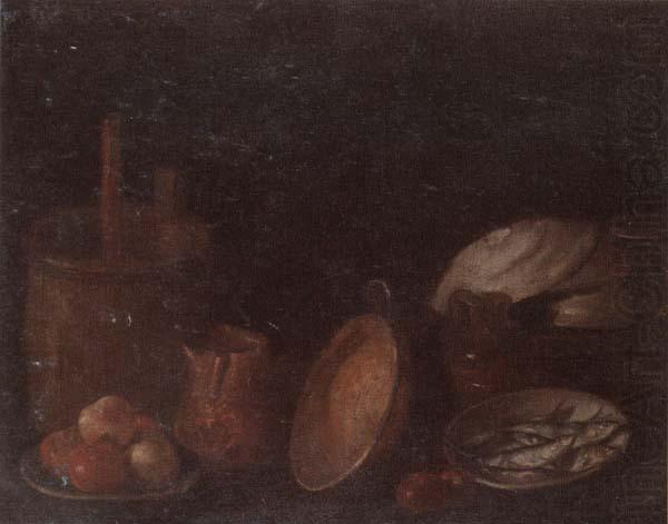 unknow artist Still life of apples and herring in bowls,a beaten copper jar,a pan and other kitchen implements china oil painting image